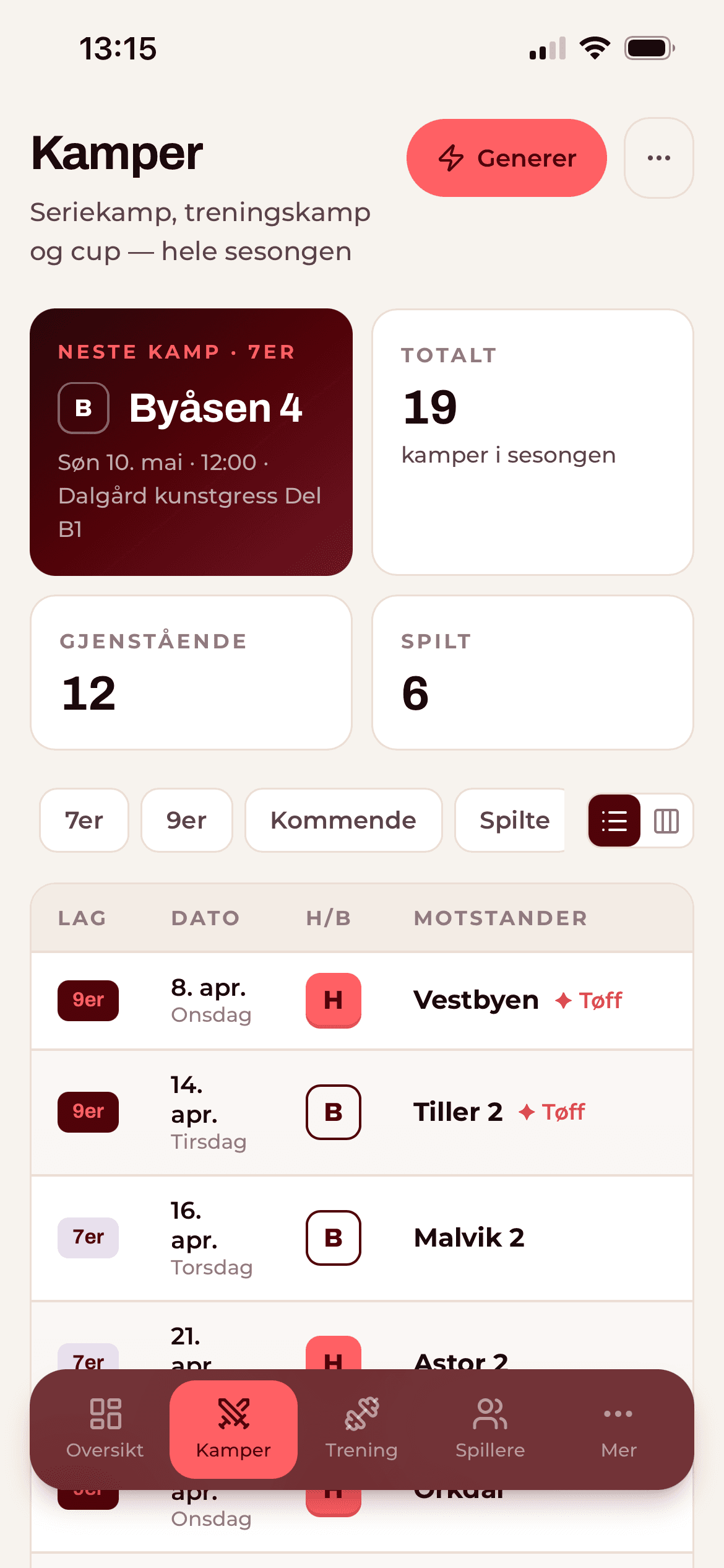 Kamper og terminliste på mobil