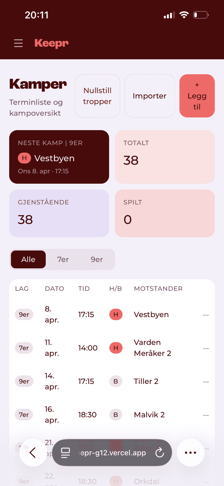 Kamper og terminliste på mobil